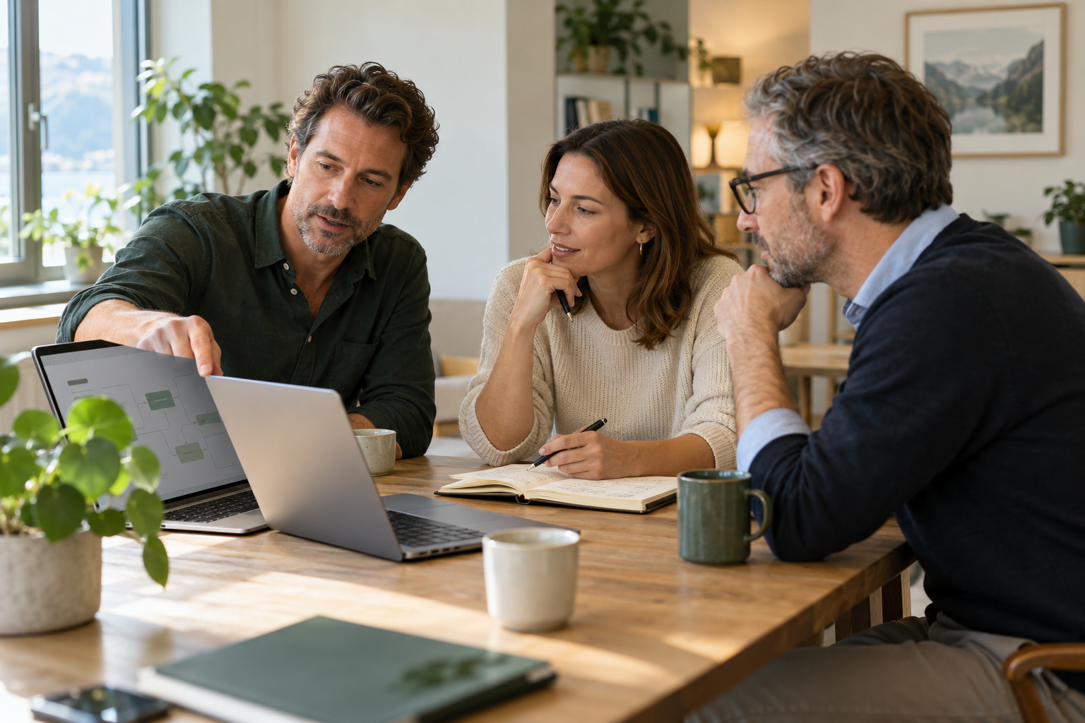 KI-generiertes Symbolbild: Drei Personen besprechen einen Arbeitsablauf am Laptop